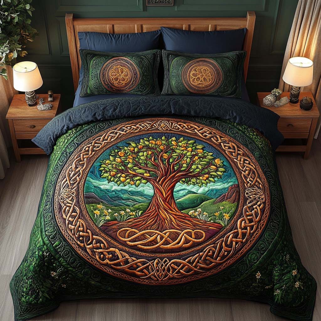 Golden Canopy quilted 3-piece bedding set on a made bed with two matching pillow shams