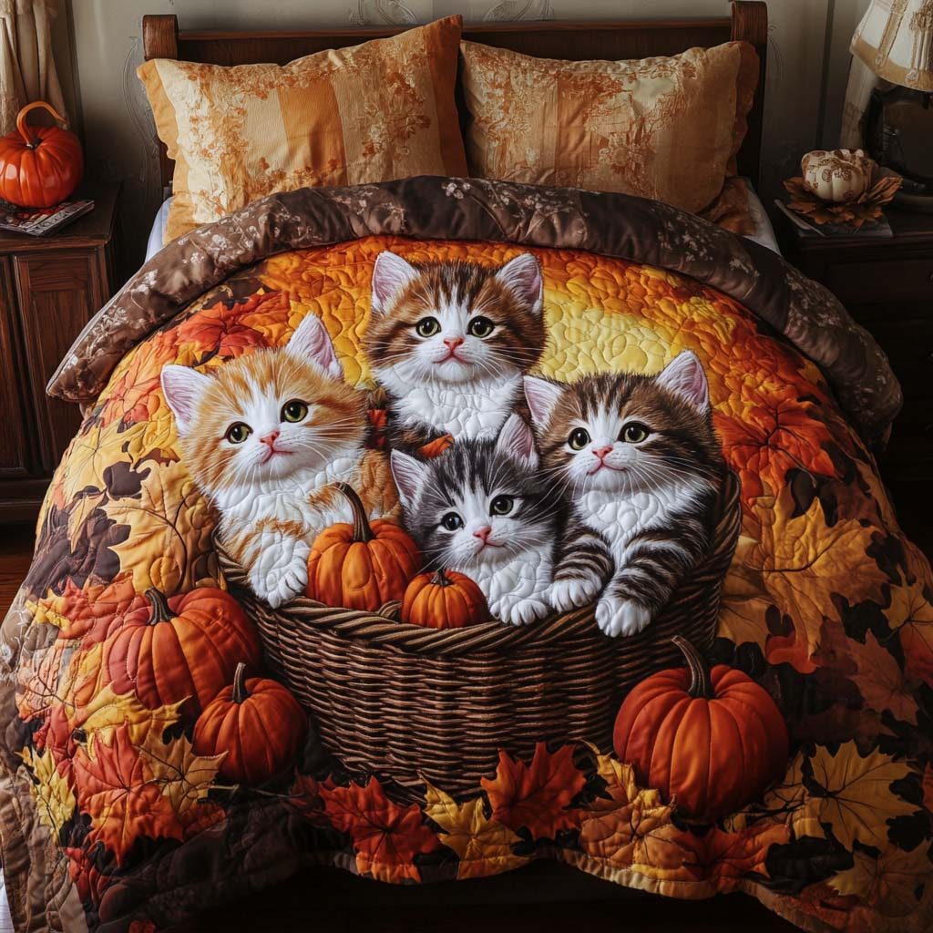 Golden Cat Days quilted 3-piece bedding set on a made bed with two matching pillow shams