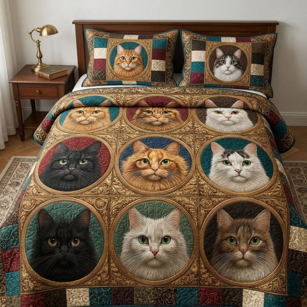 Golden Cat Portraits quilted 3-piece bedding set on a made bed with two matching pillow shams