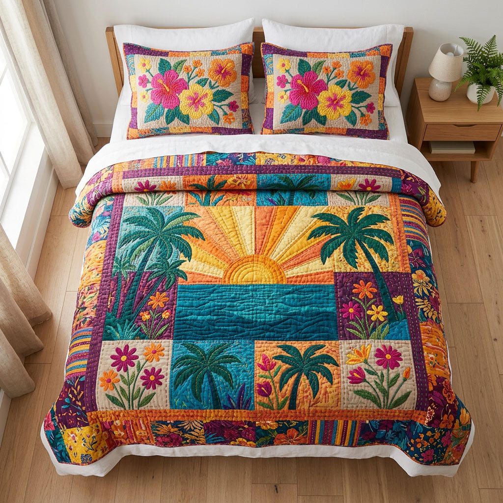 Golden Coast quilted 3-piece bedding set on a made bed with two matching pillow shams