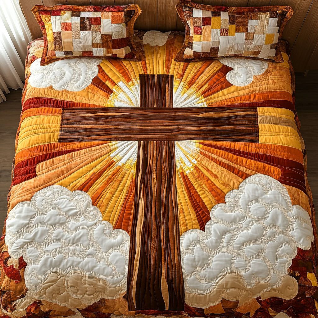 Golden Cross Sunrise quilted 3-piece bedding set on a made bed in a softly lit bedroom