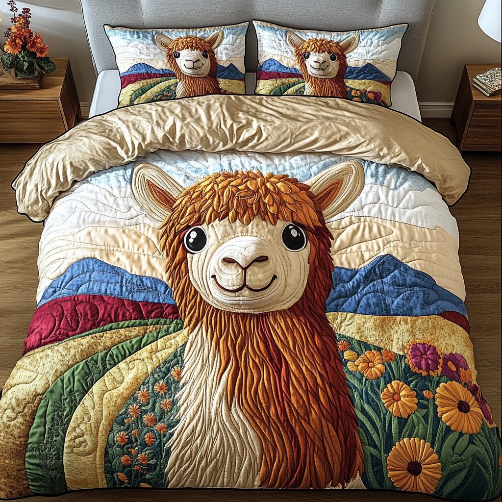 Golden Dawn quilted 3-piece bedding set on a made bed with two matching pillow shams
