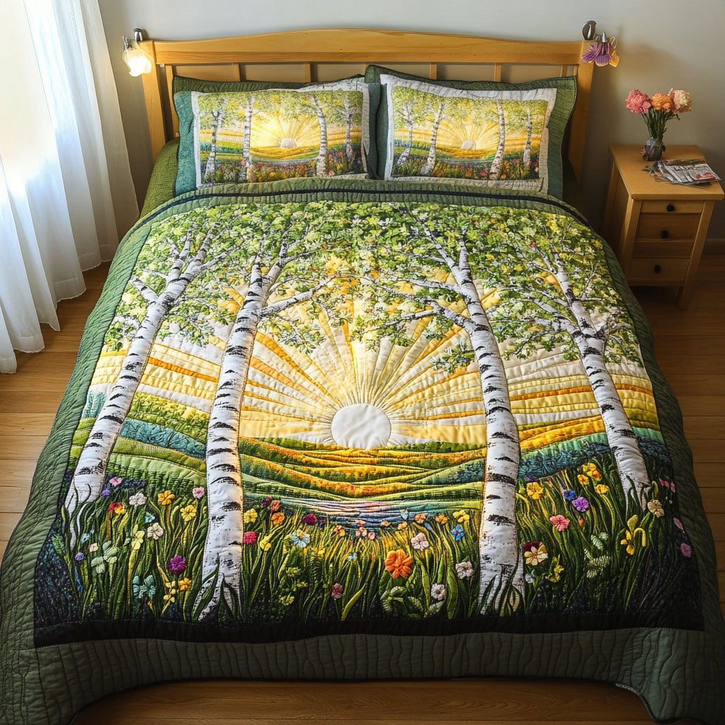 Golden Dawn quilted 3-piece bedding set on a made bed with two matching pillow shams