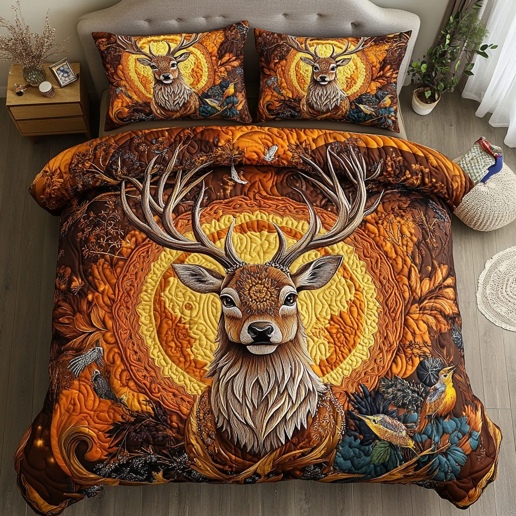 Golden Dawn quilted 3-piece bedding set on a made bed with two matching pillow shams