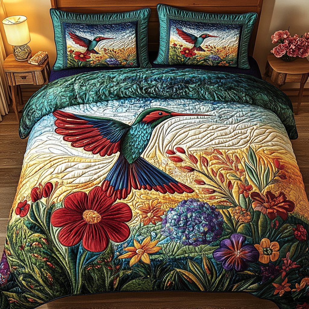 Golden Dawn Soar quilted 3-piece bedding set on a made bed with two matching pillow shams