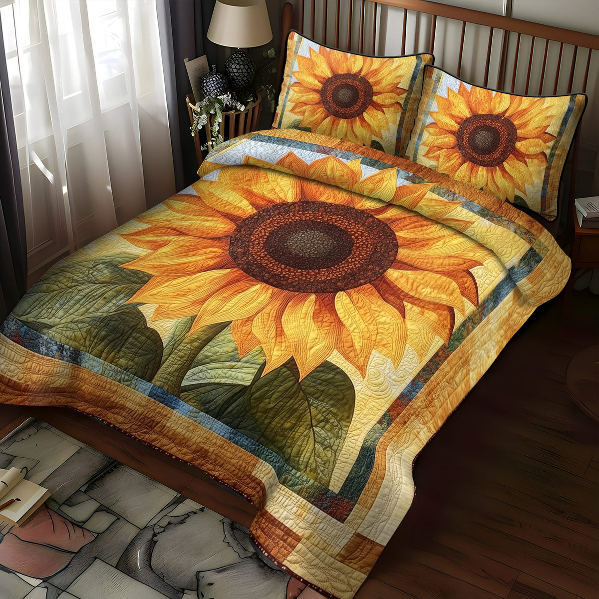 Golden Daze quilted 3-piece bedding set on a made bed with two matching pillow shams