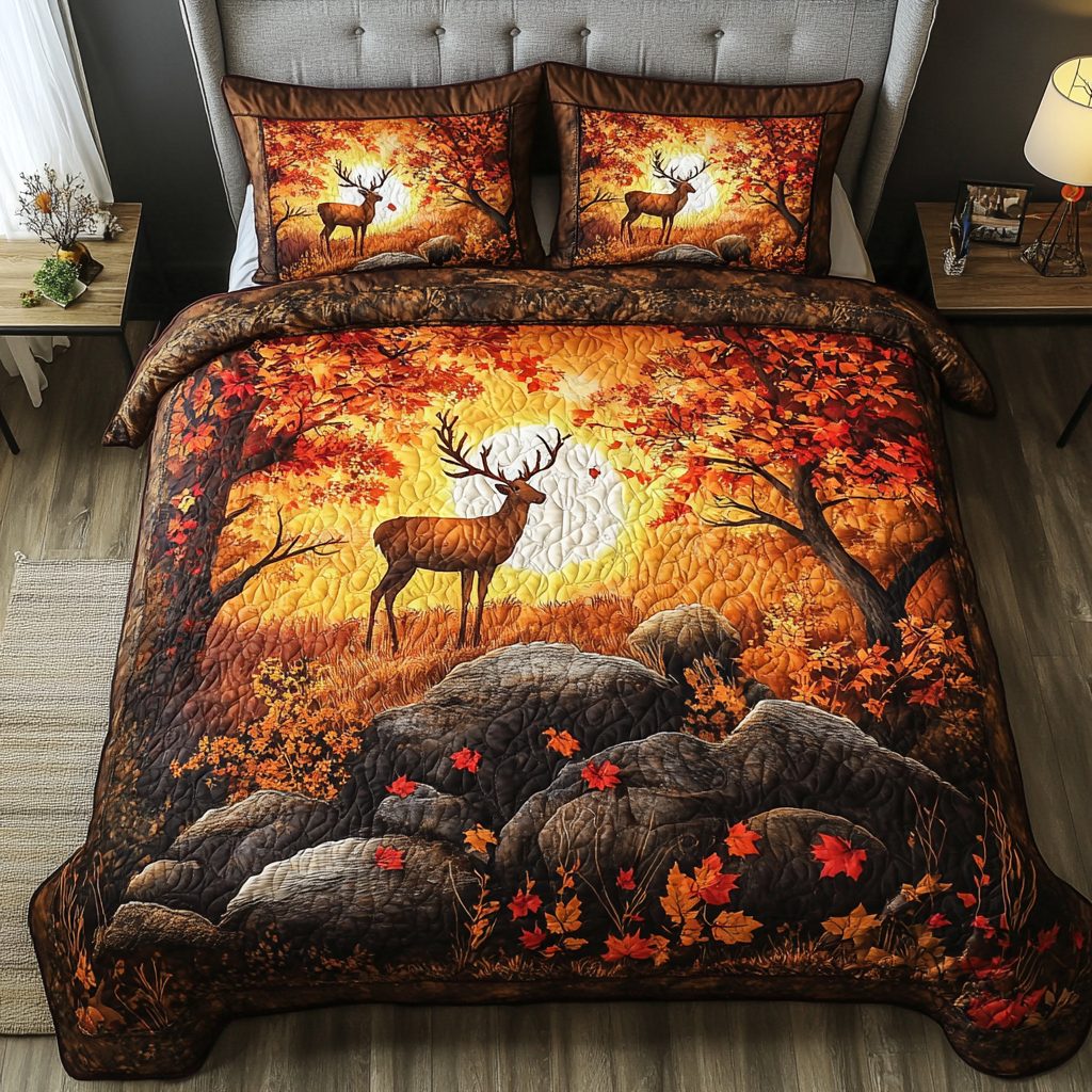 Golden Deer quilted 3-piece bedding set on a made bed with two matching pillow shams