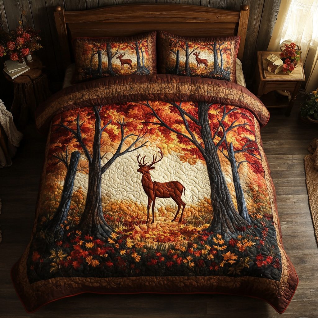 Golden Deer quilted 3-piece bedding set on a made bed with two matching pillow shams