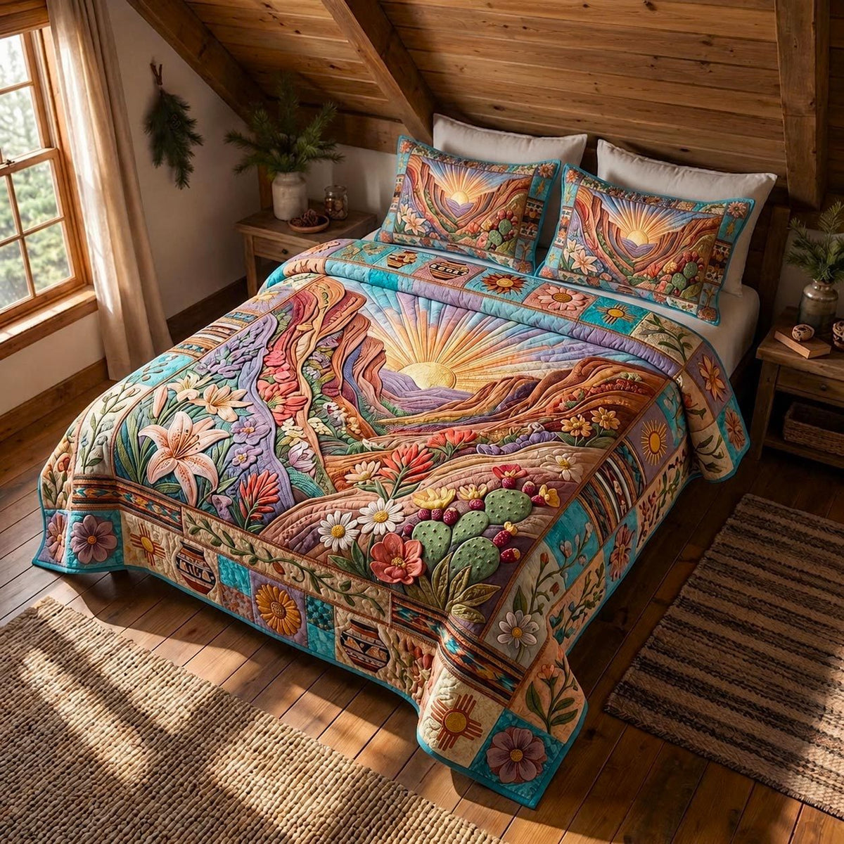 Golden Desert quilted 3-piece bedding set on a made bed with two matching pillow shams