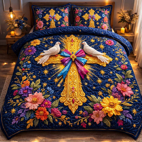 Golden Dove Cross quilted 3-piece bedding set on a made bed in a softly lit bedroom