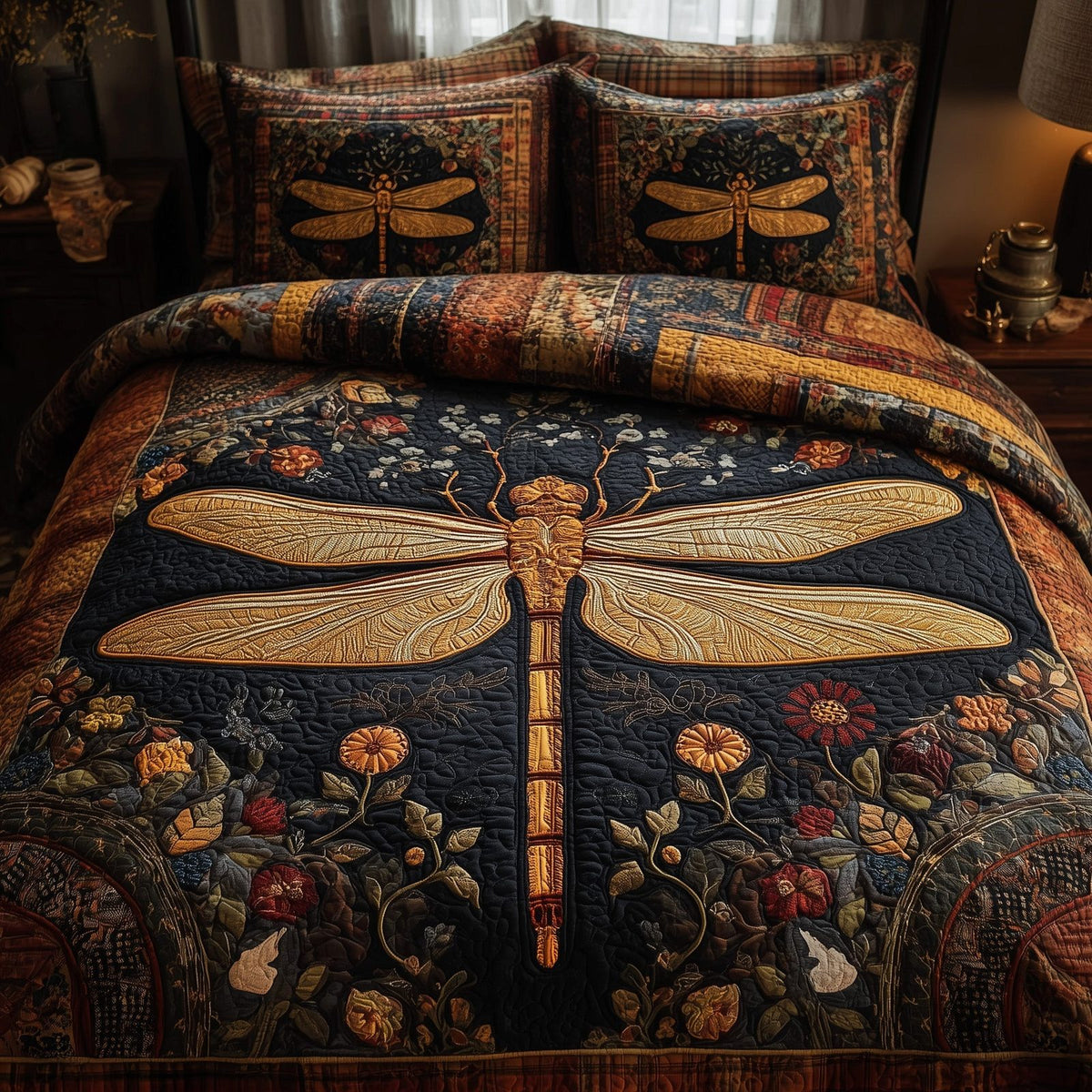 Golden Dragonfly quilted 3-piece bedding set on a made bed with two matching pillow shams