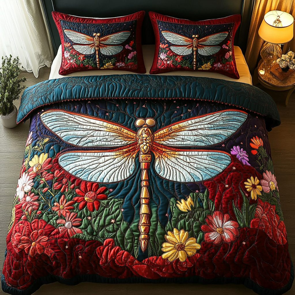 Golden Dragonfly quilted 3-piece bedding set on a made bed with two matching pillow shams