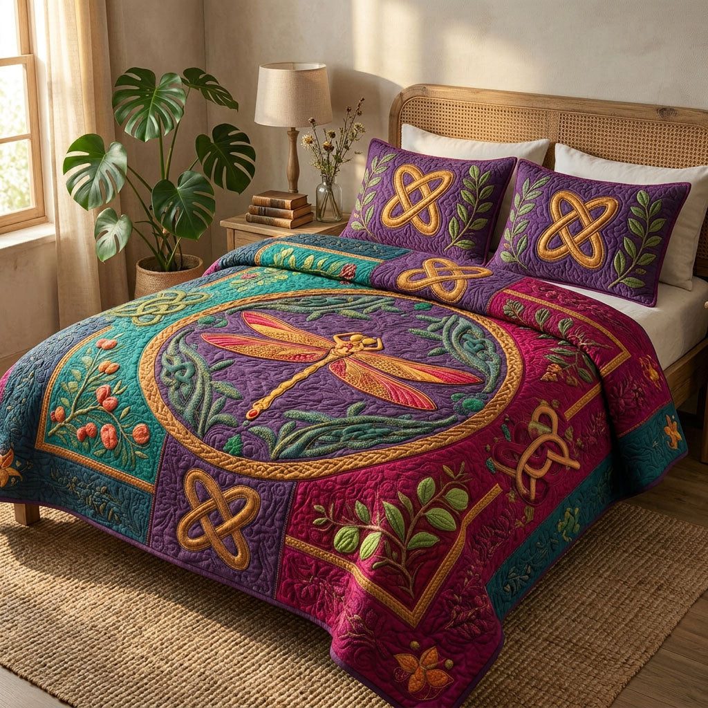 Golden Dragonfly quilted 3-piece bedding set on a made bed with two matching pillow shams