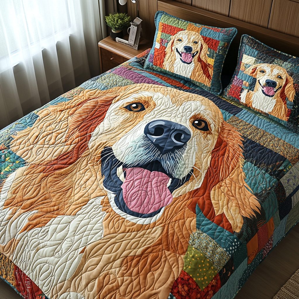 Golden Dreams quilted 3-piece bedding set on a made bed with two matching pillow shams