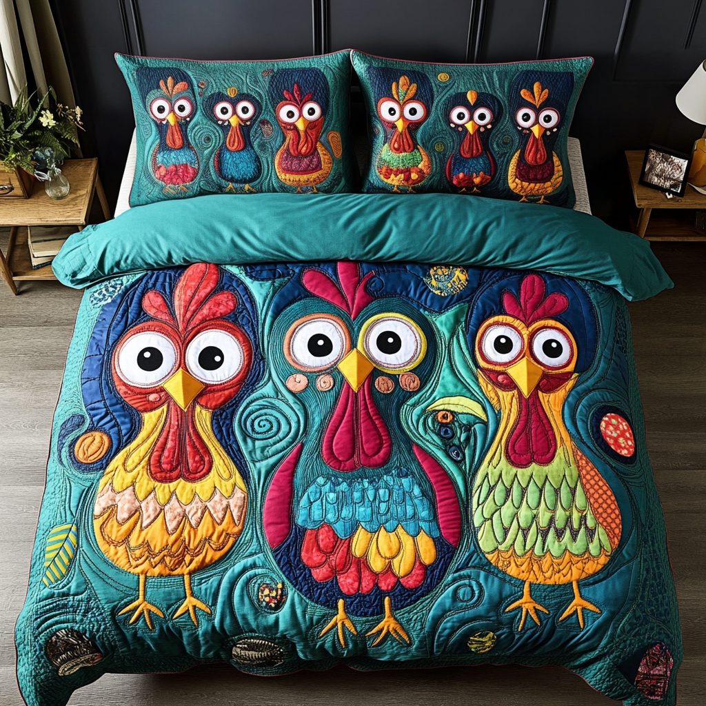 Golden Egg quilted 3-piece bedding set on a made bed with two matching pillow shams