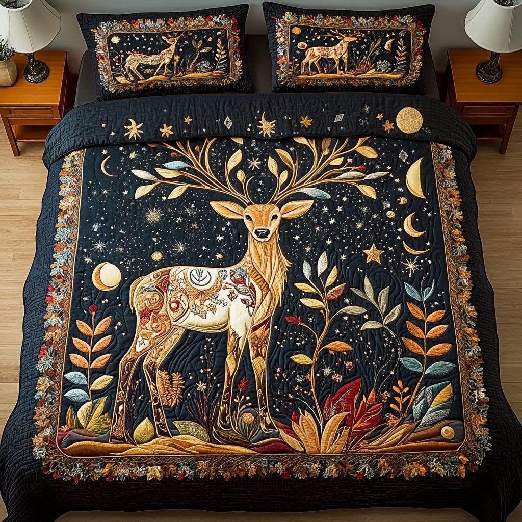 Golden Elegance quilted 3-piece bedding set on a made bed with two matching pillow shams