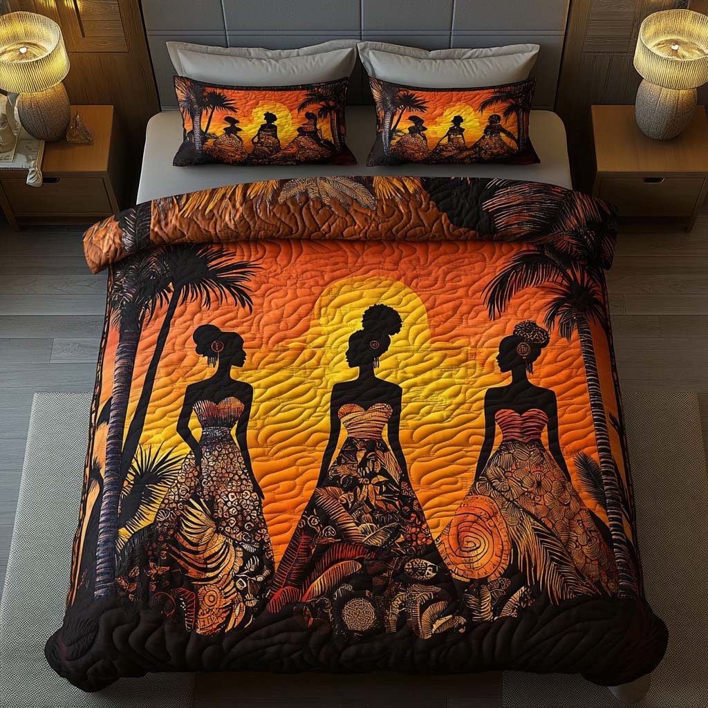 Golden Elegance Sisters quilted 3-piece bedding set on a made bed with two matching pillow shams