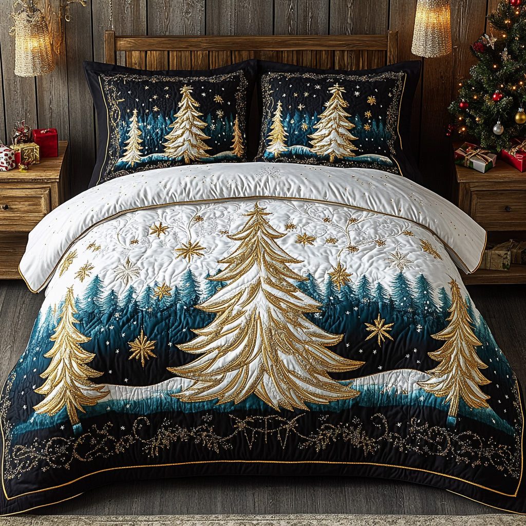Golden Evergreen quilted 3-piece bedding set on a made bed with two matching pillow shams