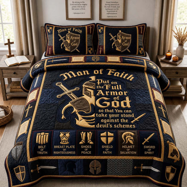 Golden Faith Stand quilted 3-piece bedding set on a made bed in a softly lit bedroom
