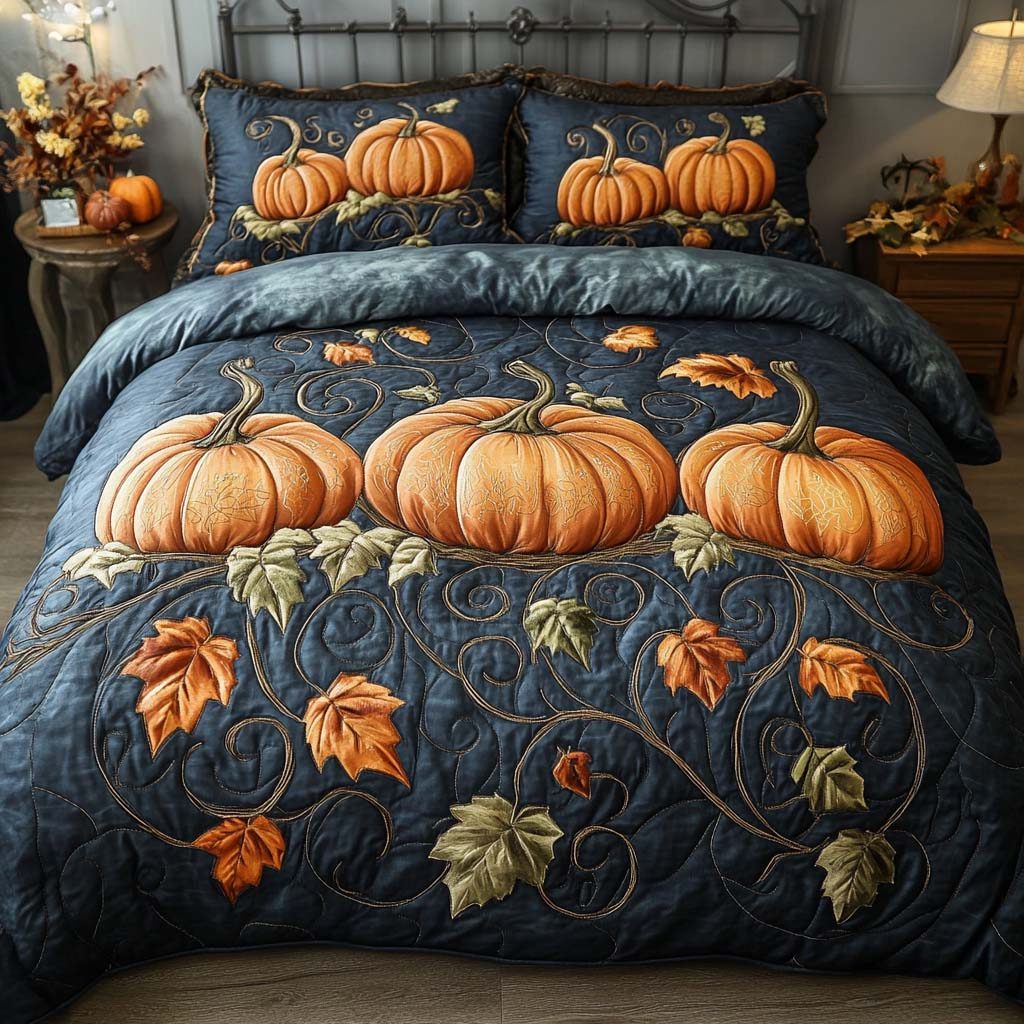Golden Fall Glow quilted 3-piece bedding set on a made bed with two matching pillow shams