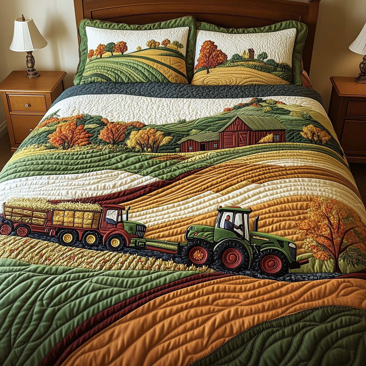 Golden Farm Fields quilted 3-piece bedding set on a made bed with two matching pillow shams