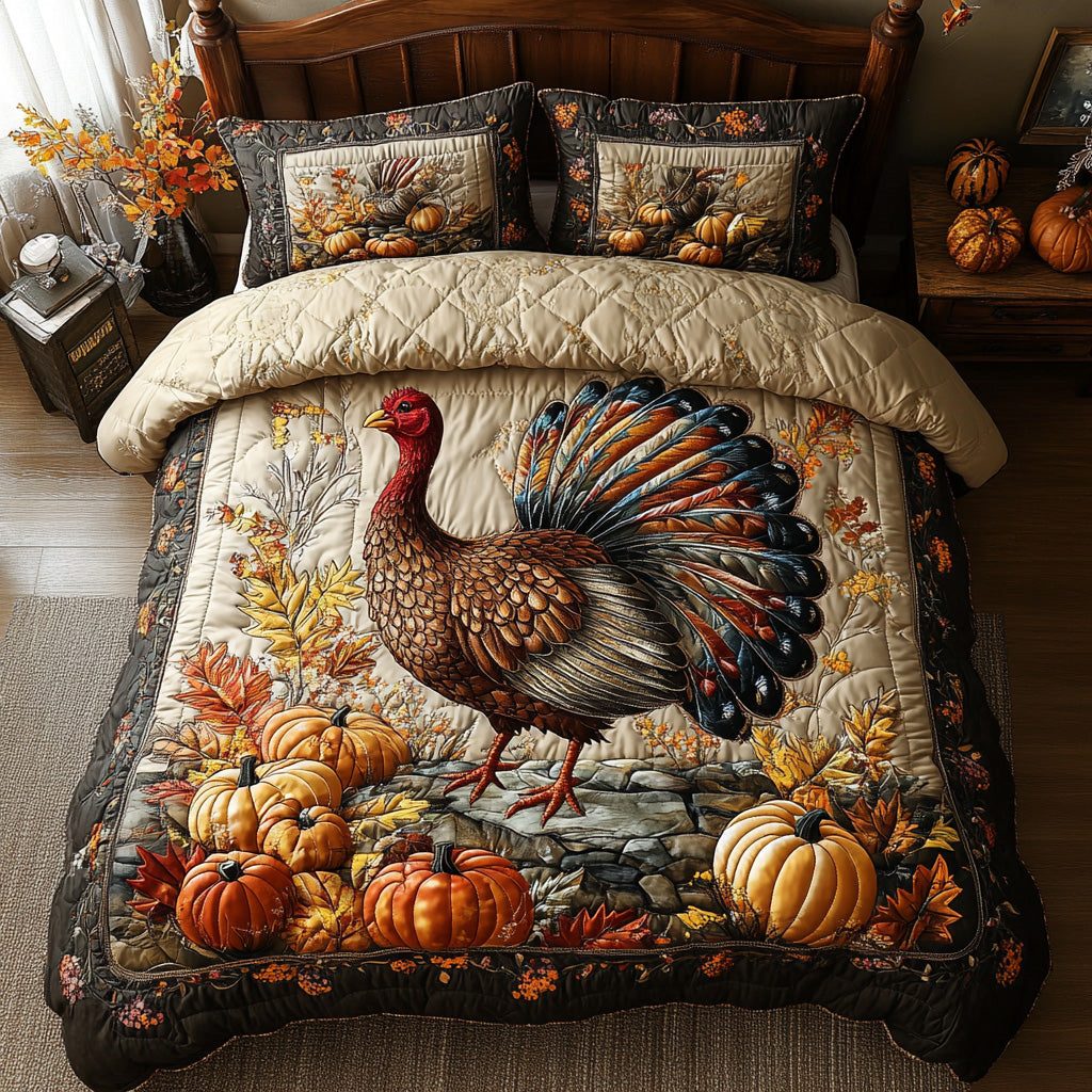 Golden Feathers quilted 3-piece bedding set on a made bed with two matching pillow shams