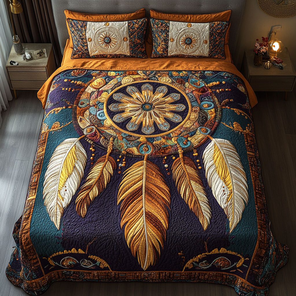 Golden Feathers quilted 3-piece bedding set on a made bed with two matching pillow shams