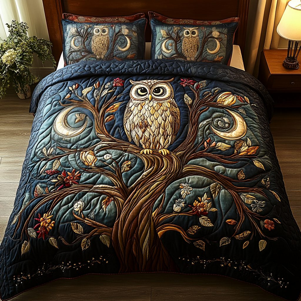 Golden Feathers quilted 3-piece bedding set on a made bed with two matching pillow shams