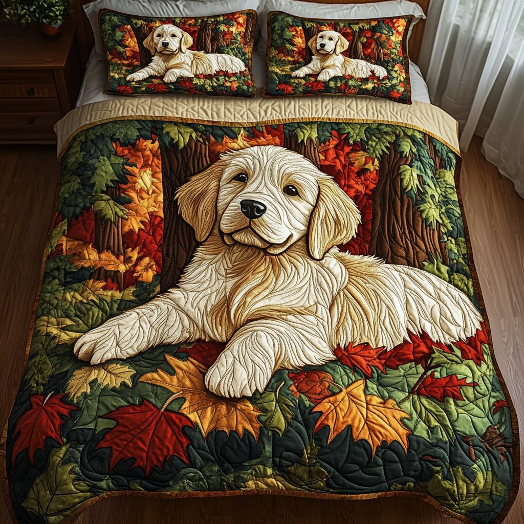 Golden Fields quilted 3-piece bedding set on a made bed with two matching pillow shams