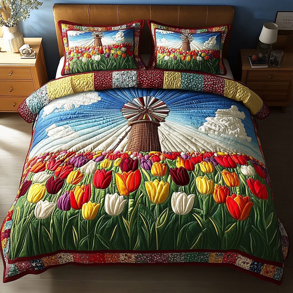 Golden Fields quilted 3-piece bedding set on a made bed with two matching pillow shams