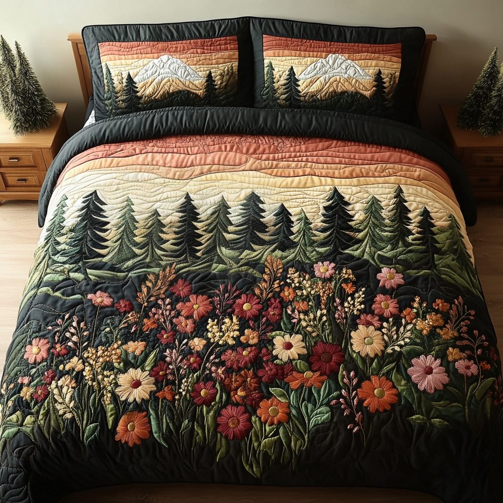 Golden Fields quilted 3-piece bedding set on a made bed with two matching pillow shams