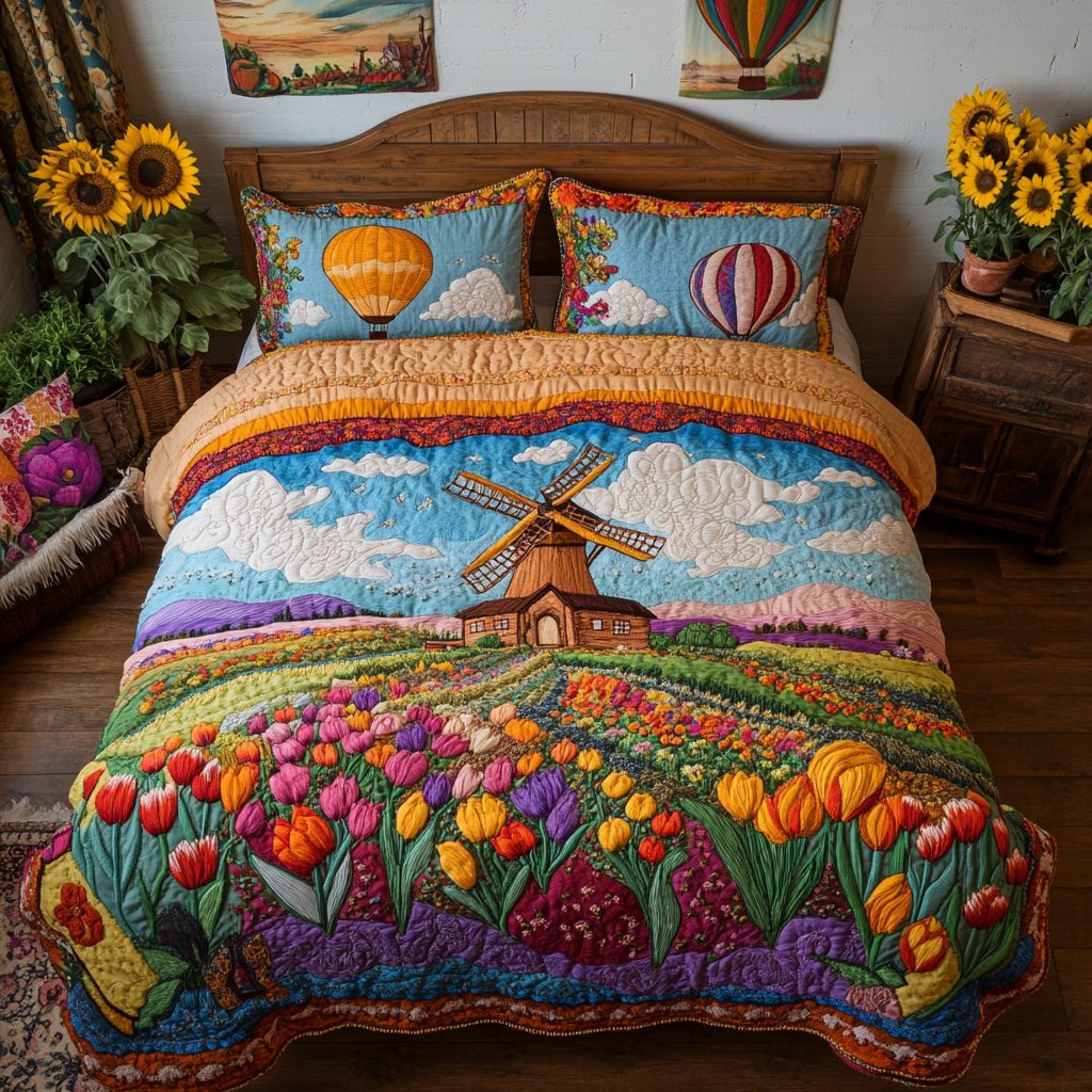 Golden Fields quilted 3-piece bedding set on a made bed with two matching pillow shams