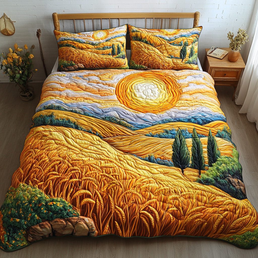 Golden Fields quilted 3-piece bedding set on a made bed with two matching pillow shams