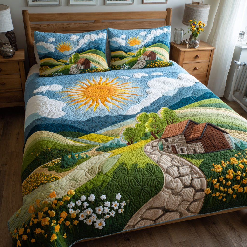 Golden Fields quilted 3-piece bedding set on a made bed with two matching pillow shams