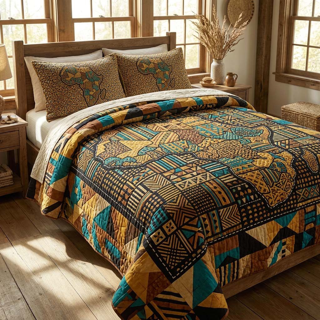 Golden Figures quilted 3-piece bedding set on a made bed with two matching pillow shams