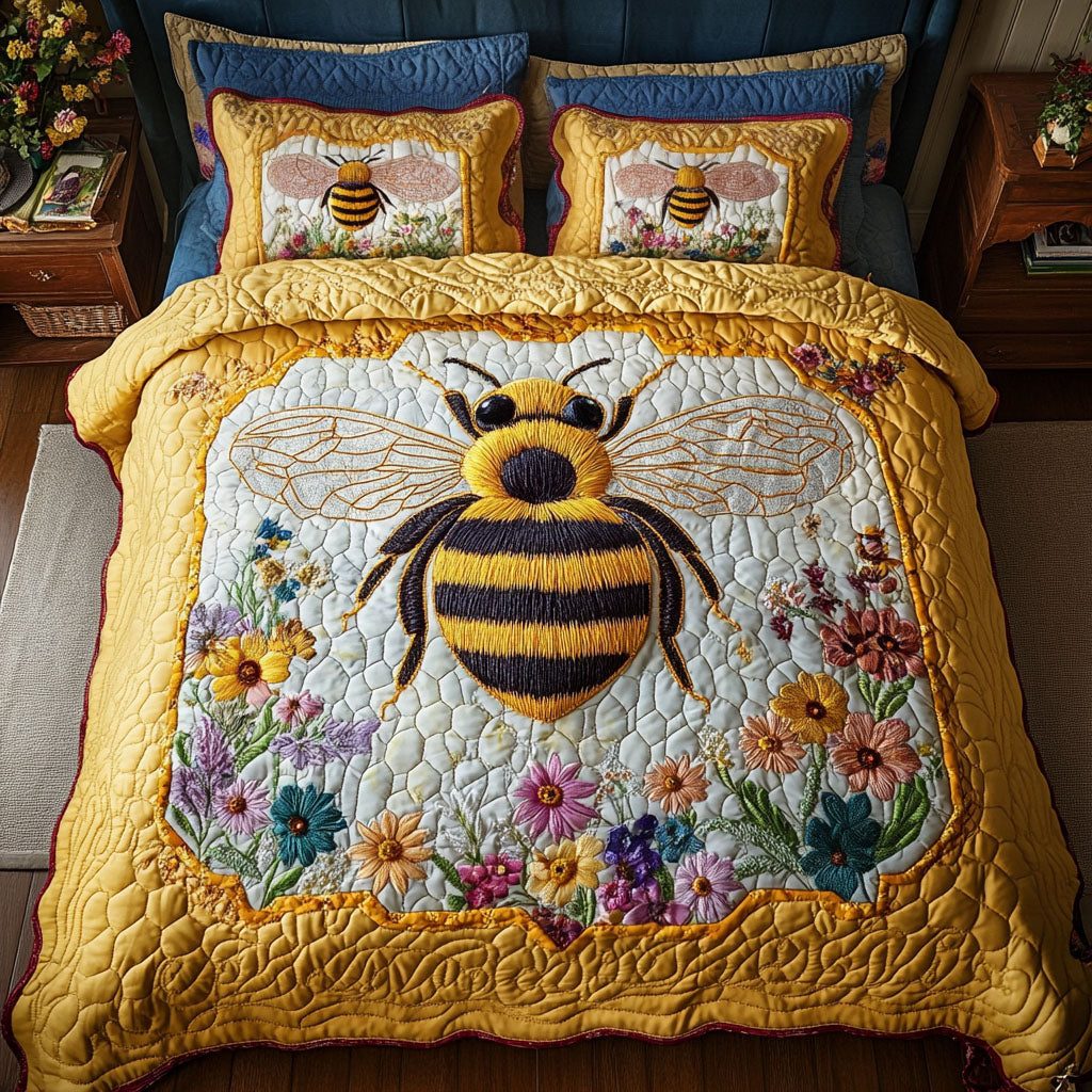 Golden Flight quilted 3-piece bedding set on a made bed with two matching pillow shams