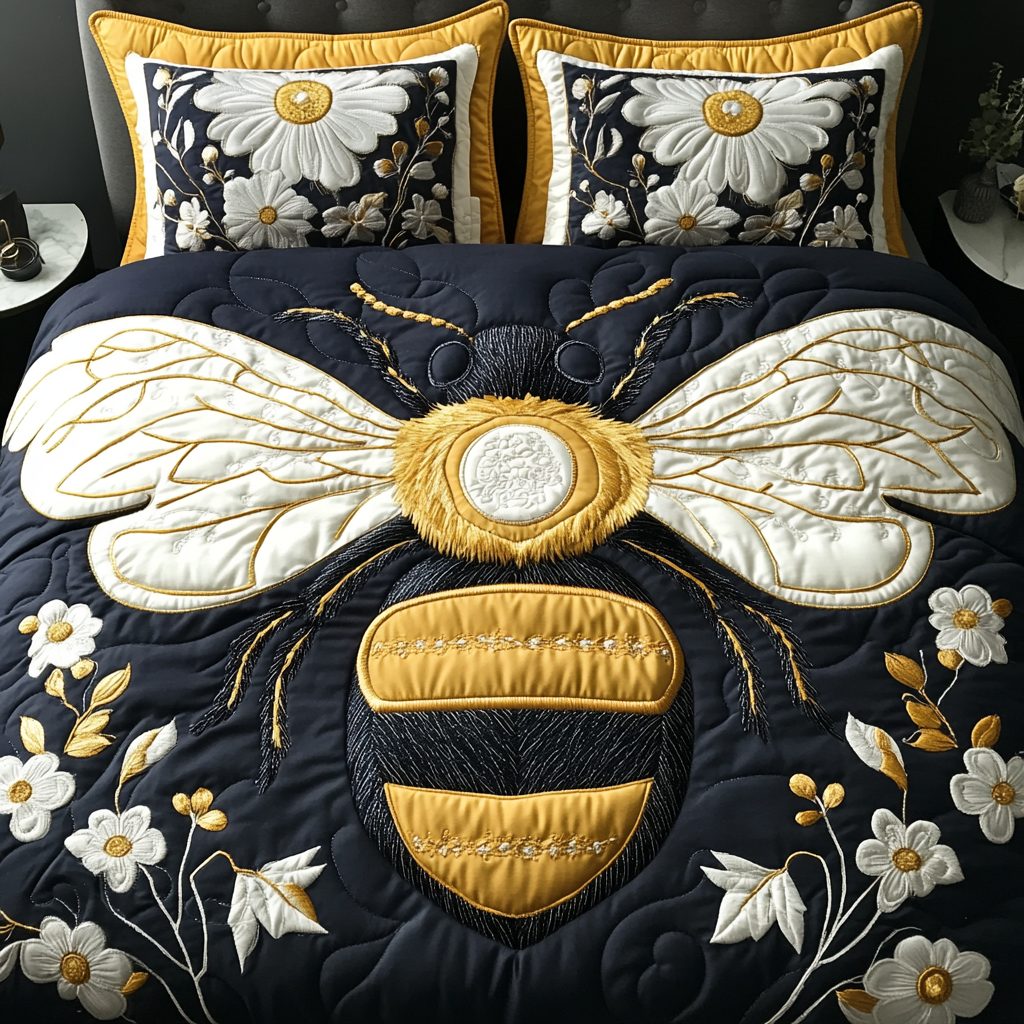 Golden Flight quilted 3-piece bedding set on a made bed with two matching pillow shams