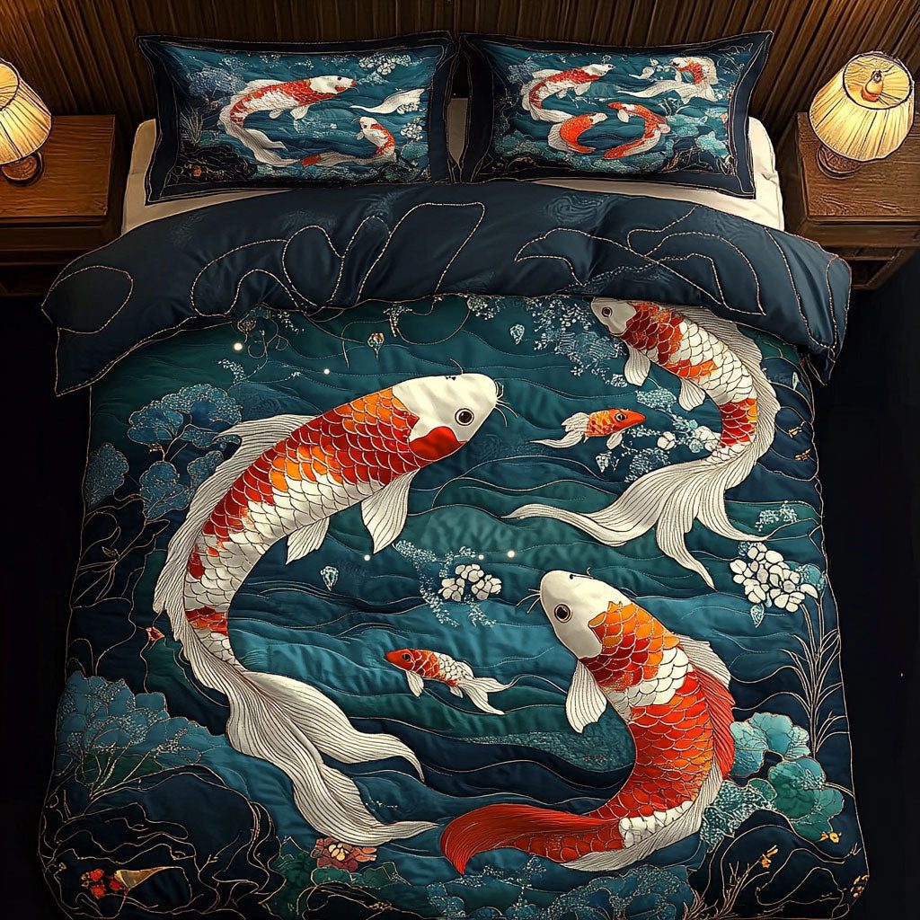 Golden Flow quilted 3-piece bedding set on a made bed with two matching pillow shams