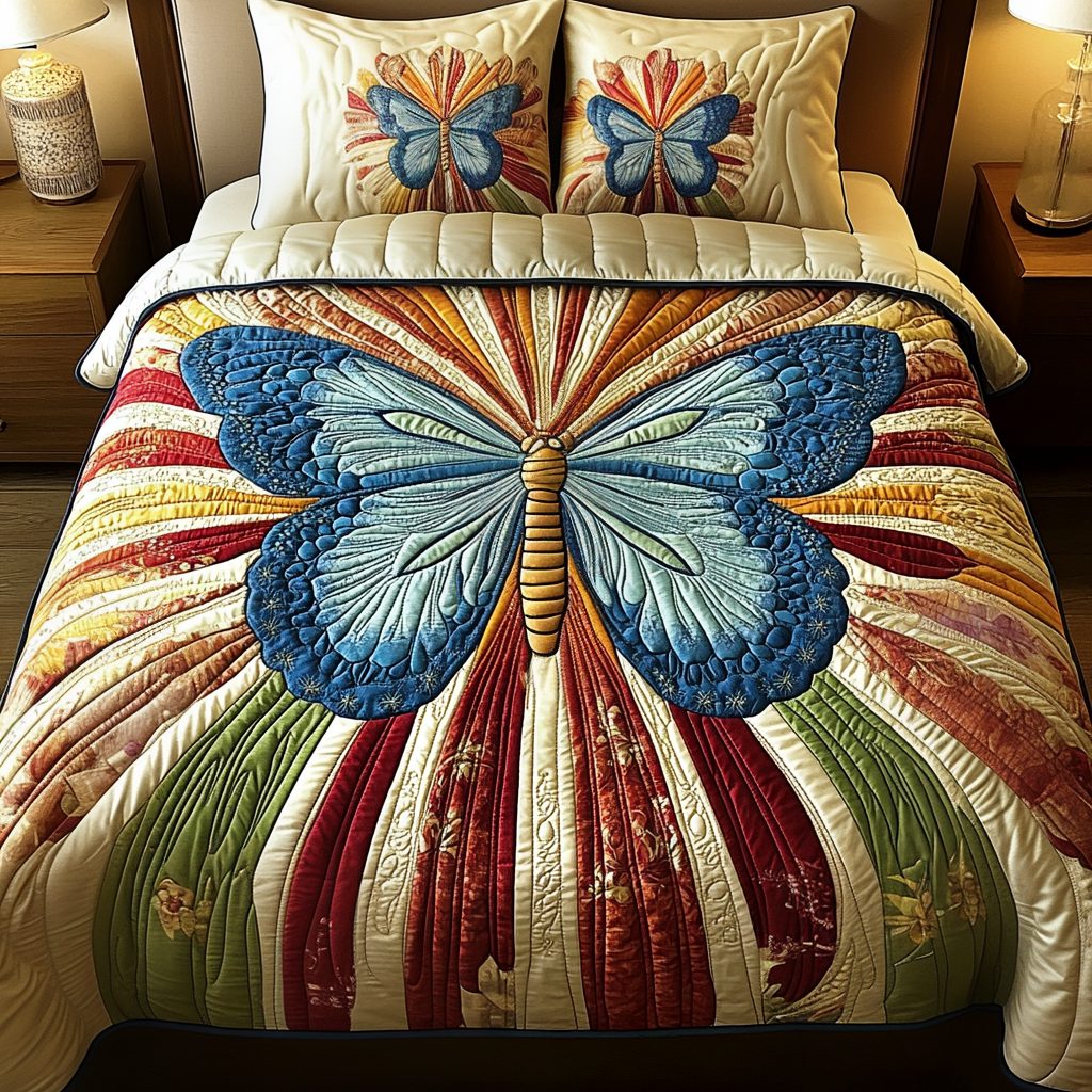 Golden Flutter quilted 3-piece bedding set on a made bed with two matching pillow shams