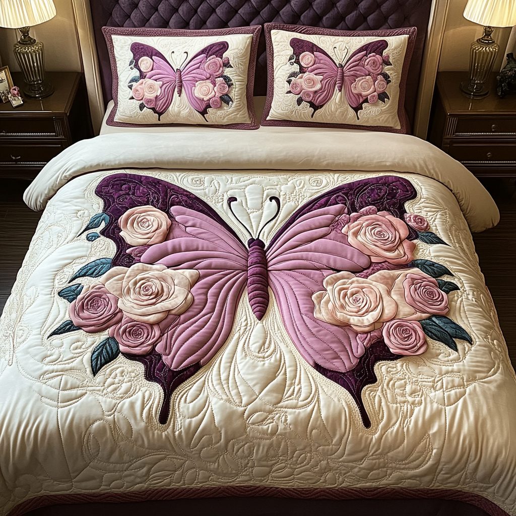 Golden Flutter quilted 3-piece bedding set on a made bed with two matching pillow shams