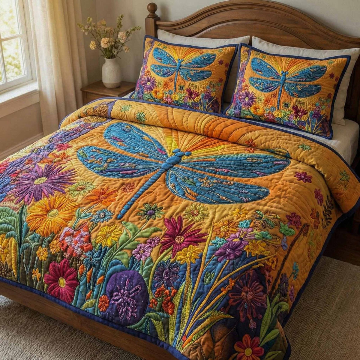 Golden Flutter quilted 3-piece bedding set on a made bed with two matching pillow shams