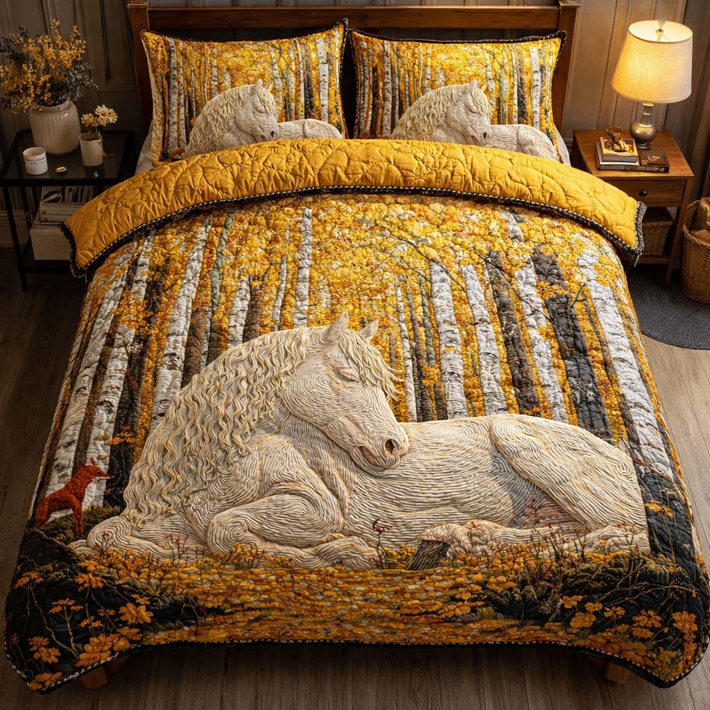 Golden Forest Mare quilted 3-piece bedding set on a made bed in a rustic timber bedroom