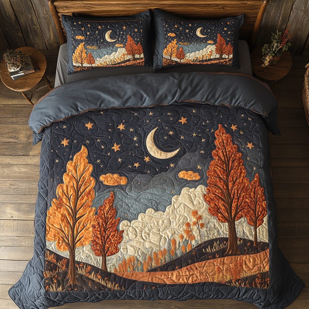 Golden Forest quilted 3-piece bedding set on a made bed with two matching pillow shams