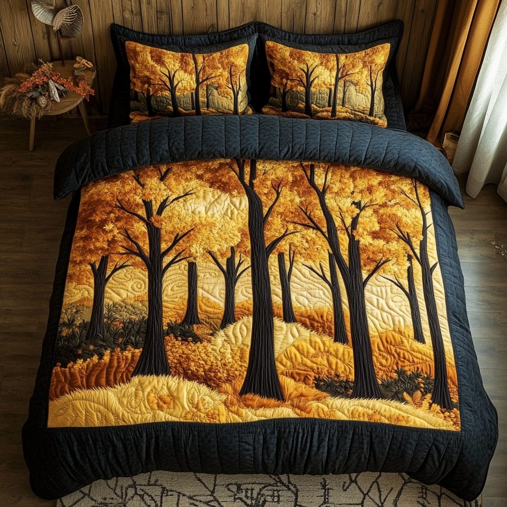 Golden Forest quilted 3-piece bedding set on a made bed with two matching pillow shams