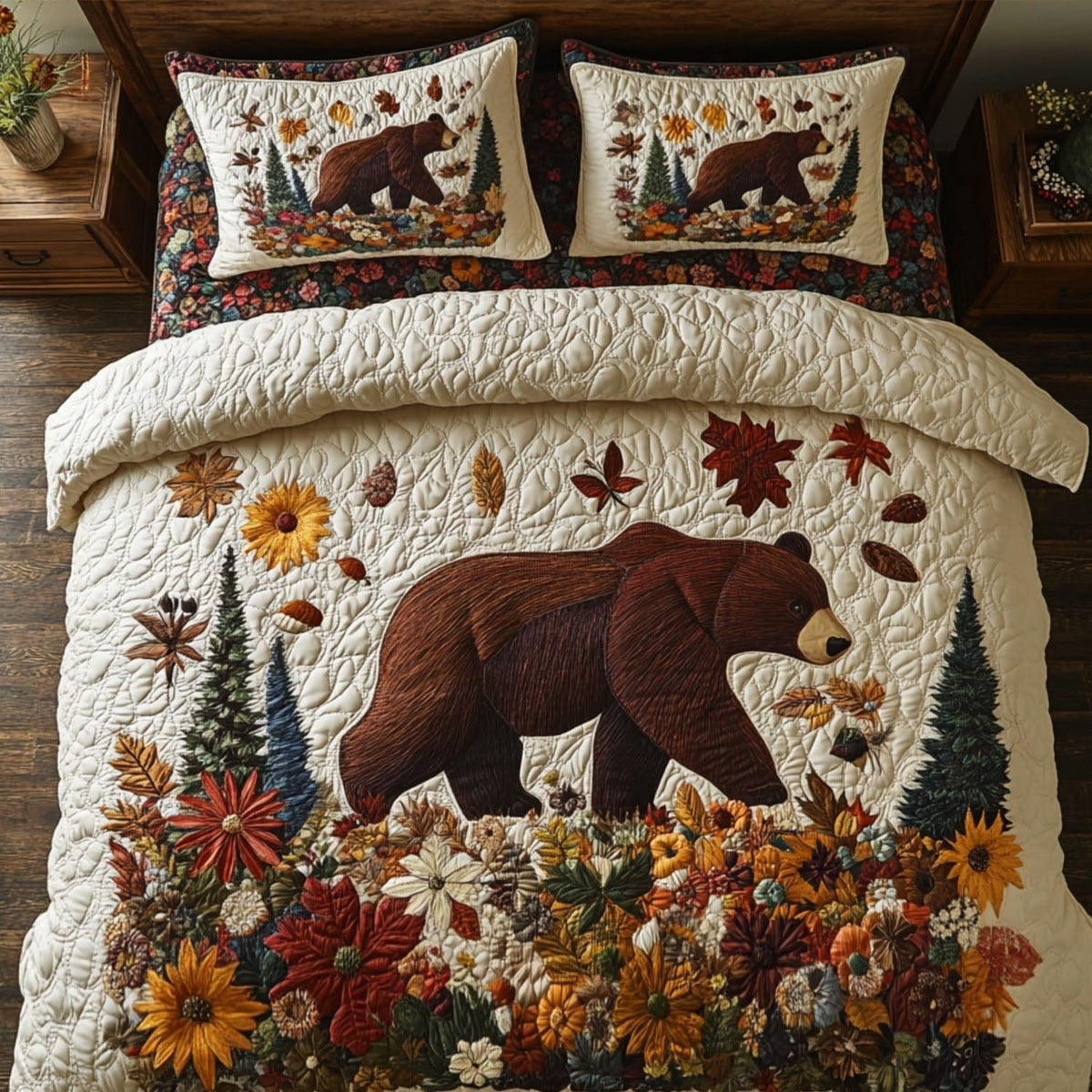 Golden Forest Walk quilted 3-piece bedding set on a made bed with two matching pillow shams