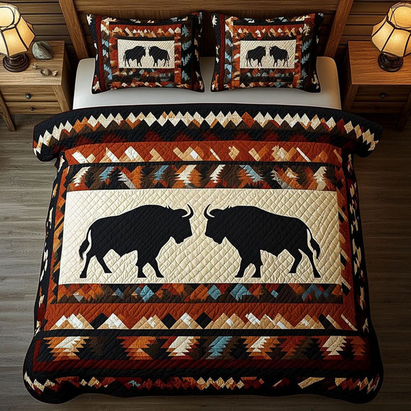 Golden Frontier quilted 3-piece bedding set on a made bed in a rustic timber bedroom