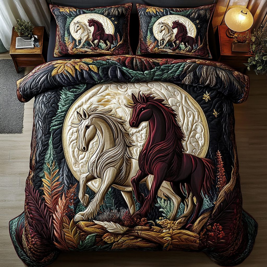 Golden Gallop quilted 3-piece bedding set on a made bed with two matching pillow shams
