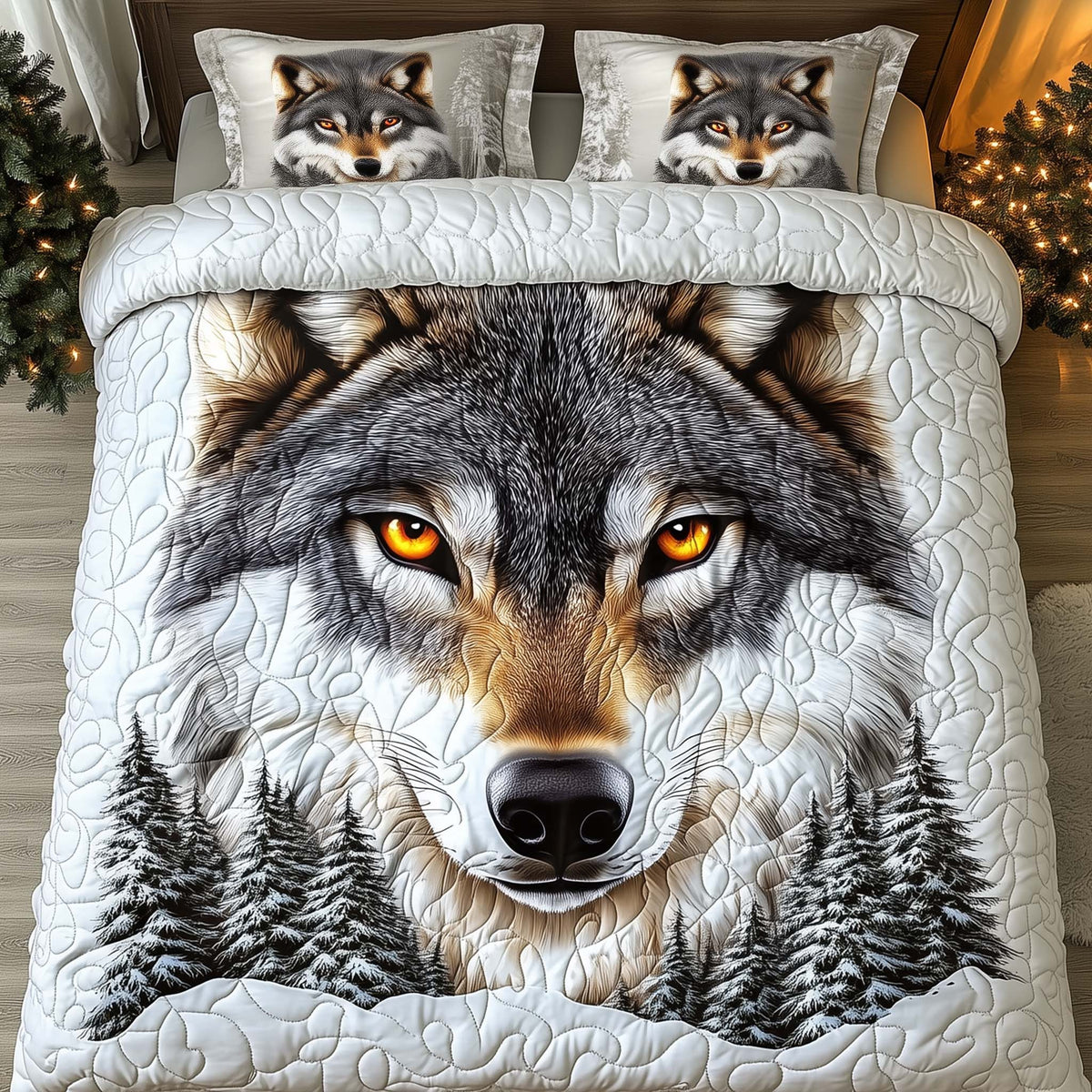Golden Gaze quilted 3-piece bedding set on a made bed with two matching pillow shams