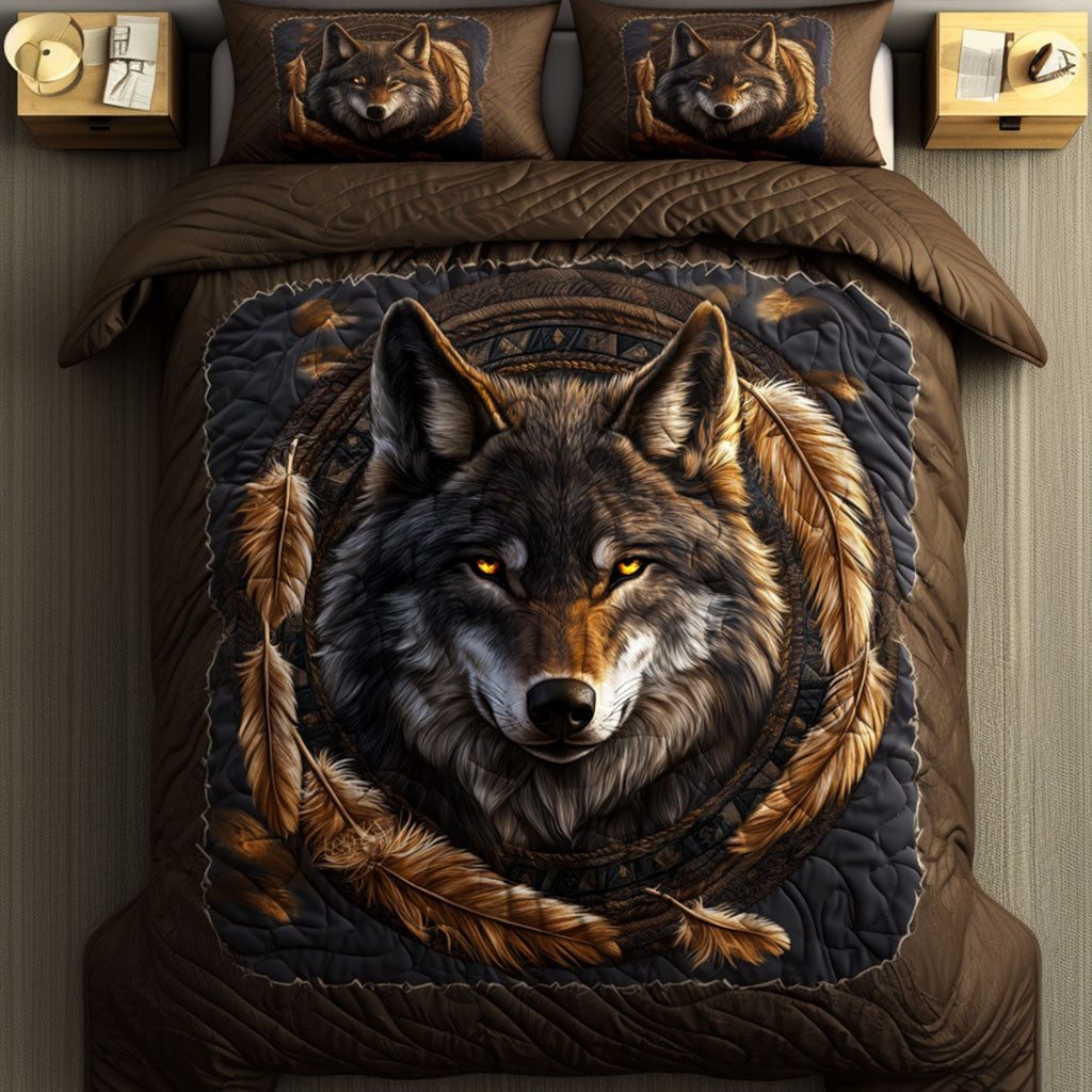 Golden Gaze quilted 3-piece bedding set on a made bed with two matching pillow shams