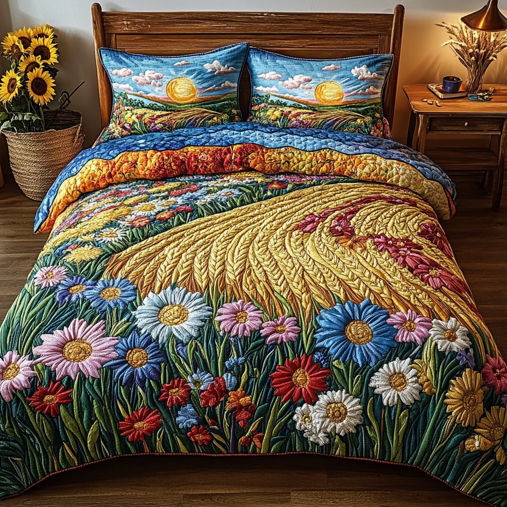 Golden Glow quilted 3-piece bedding set on a made bed with two matching pillow shams